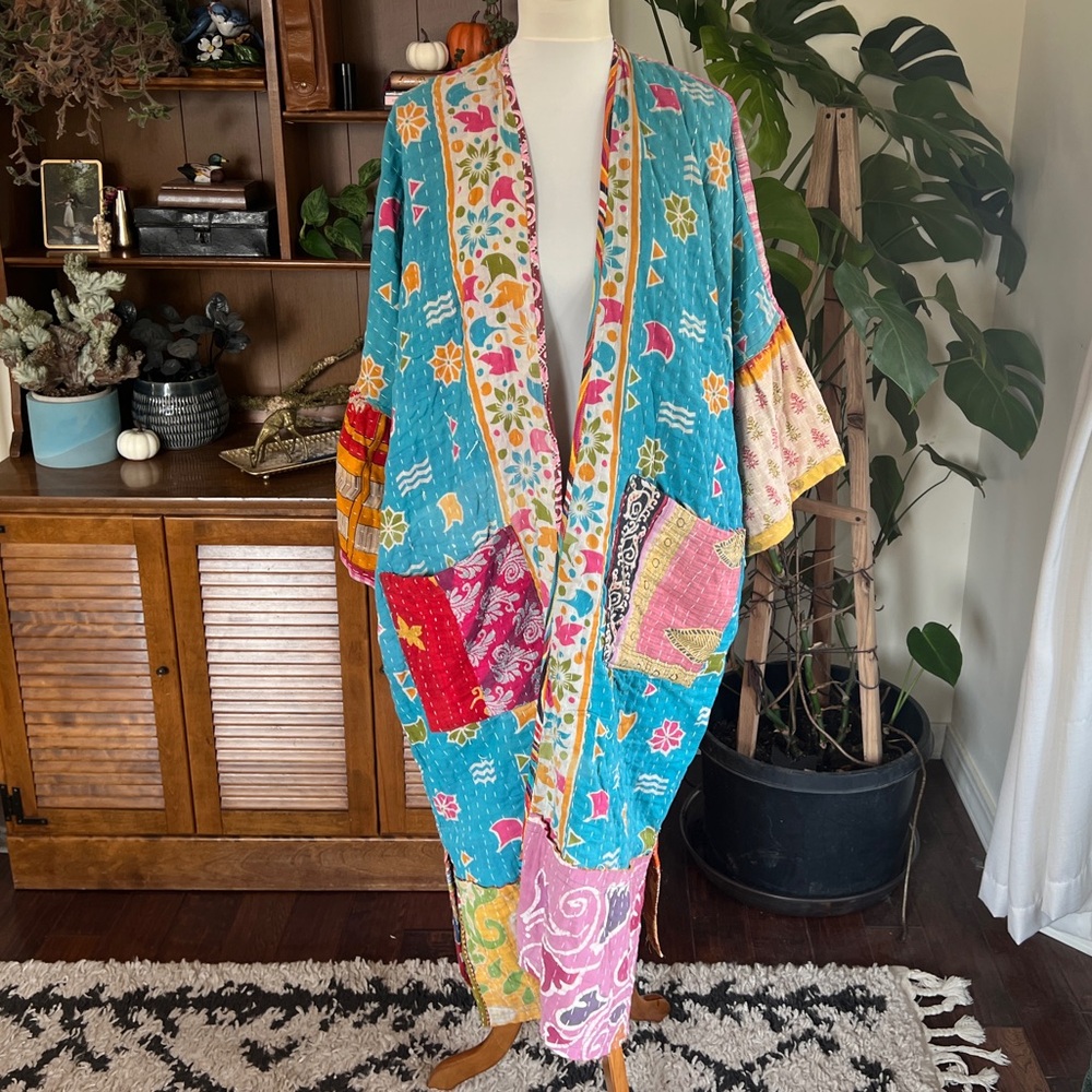 Rahab’s Rope Kantha Colorful Patchwork Bell Sleeve Long Reversible Kimono OS NWT